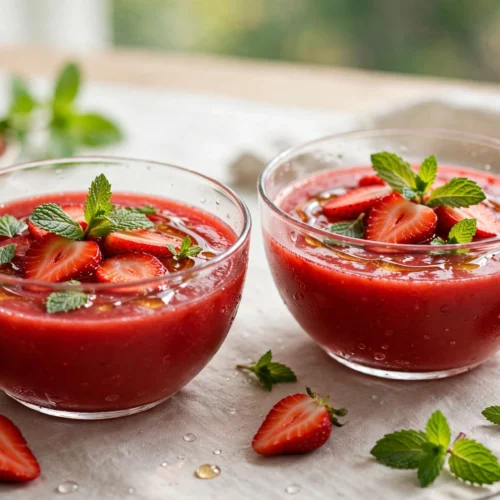 Soupe de fraises recette servie en verrines, dessert frais à la menthe