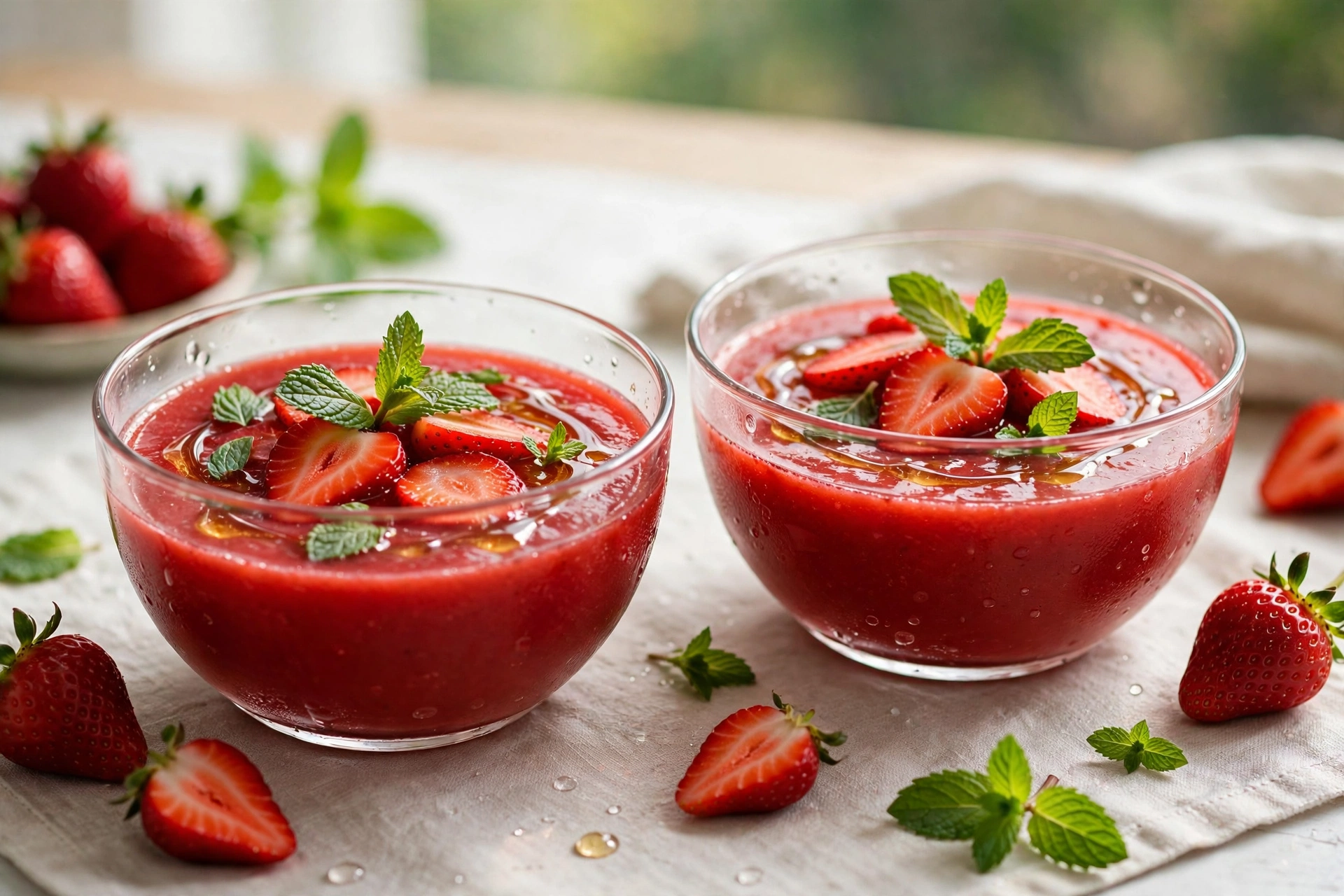 Soupe de fraises recette servie en verrines, dessert frais à la menthe
