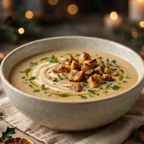 Velouté de châtaigne crémeux garni d'éclats grillés — soupe de noël cyril lignac