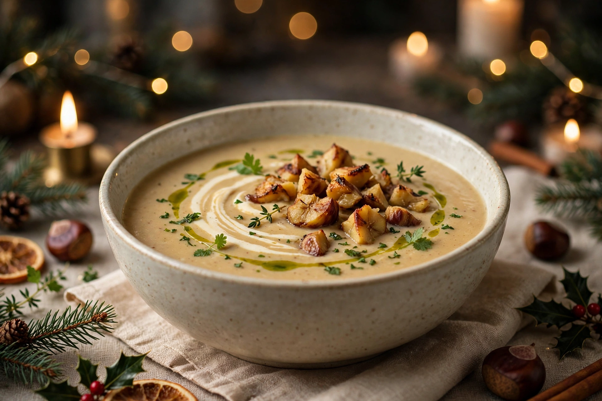 Velouté de châtaigne crémeux garni d'éclats grillés — soupe de noël cyril lignac