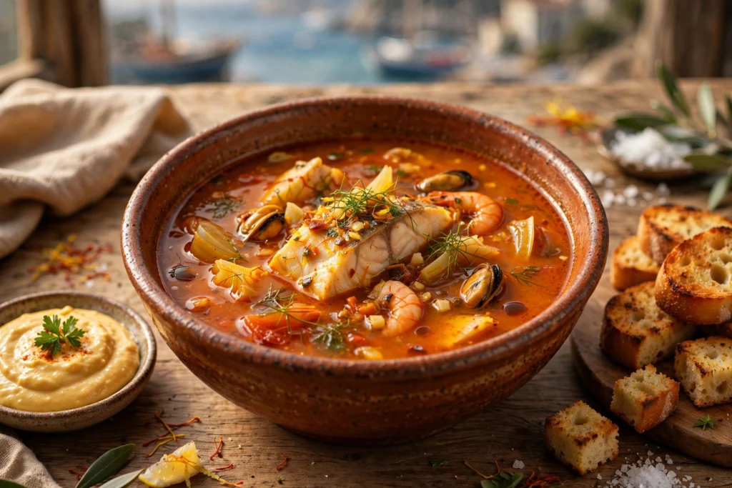 Soupe de poisson servie avec rouille et croûtons, recette authentique