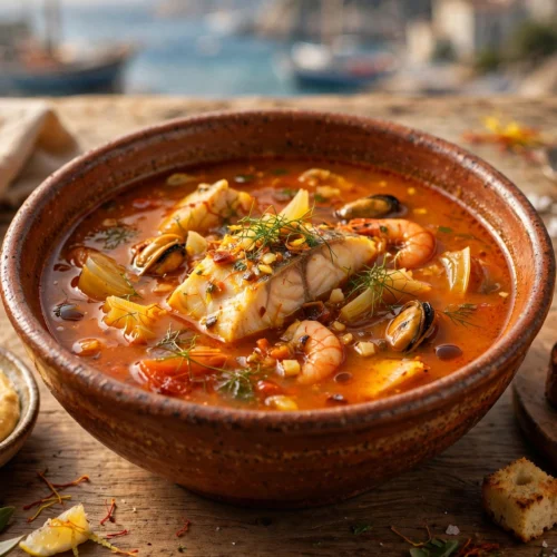 Soupe de poisson servie avec rouille et croûtons, recette authentique