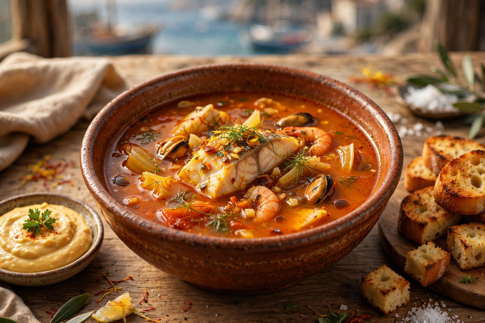 Soupe de poisson servie avec rouille et croûtons, recette authentique