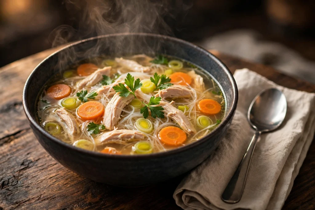 Bol de soupe de poulet recette aux légumes et vermicelles