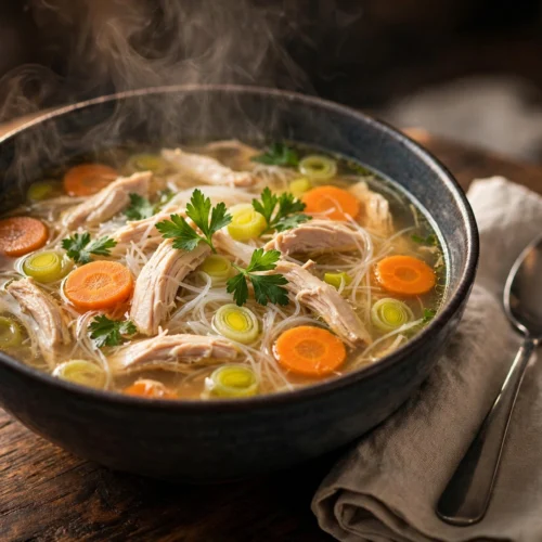 Bol de soupe de poulet recette aux légumes et vermicelles