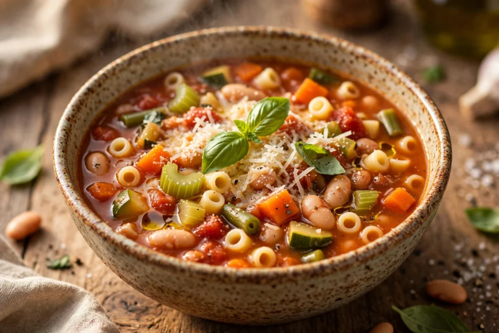 Soupe minestrone de maman servie en bol avec parmesan