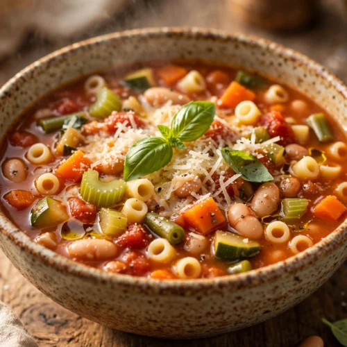 Soupe minestrone de maman servie en bol avec parmesan