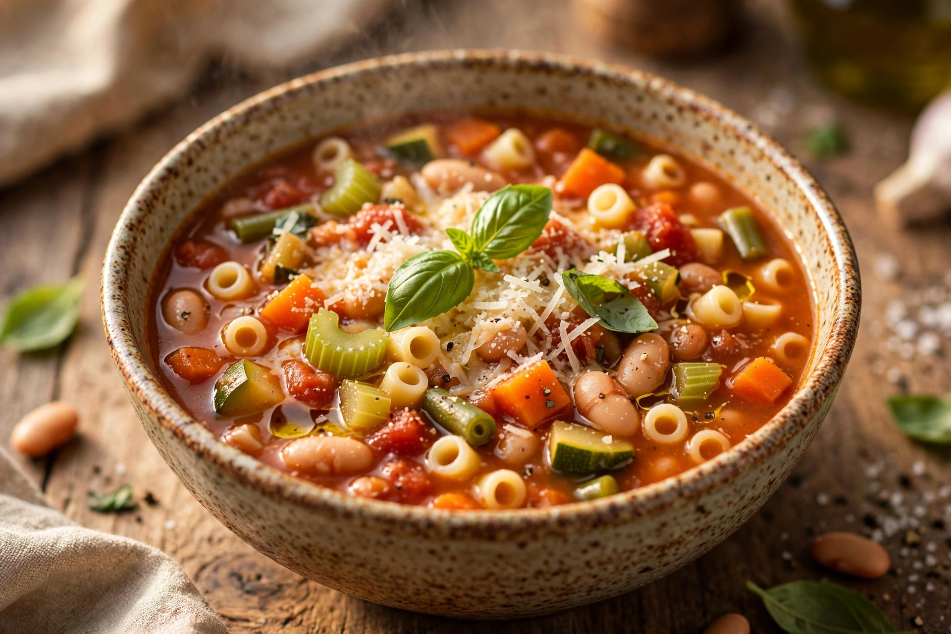 Soupe minestrone de maman servie en bol avec parmesan