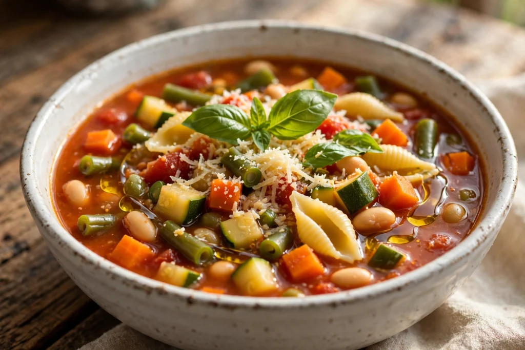 Soupe minestrone colorée servie dans un bol rustique, recette italienne
