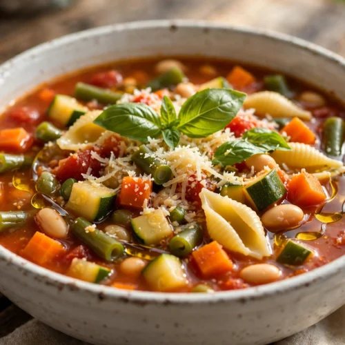 Soupe minestrone colorée servie dans un bol rustique, recette italienne