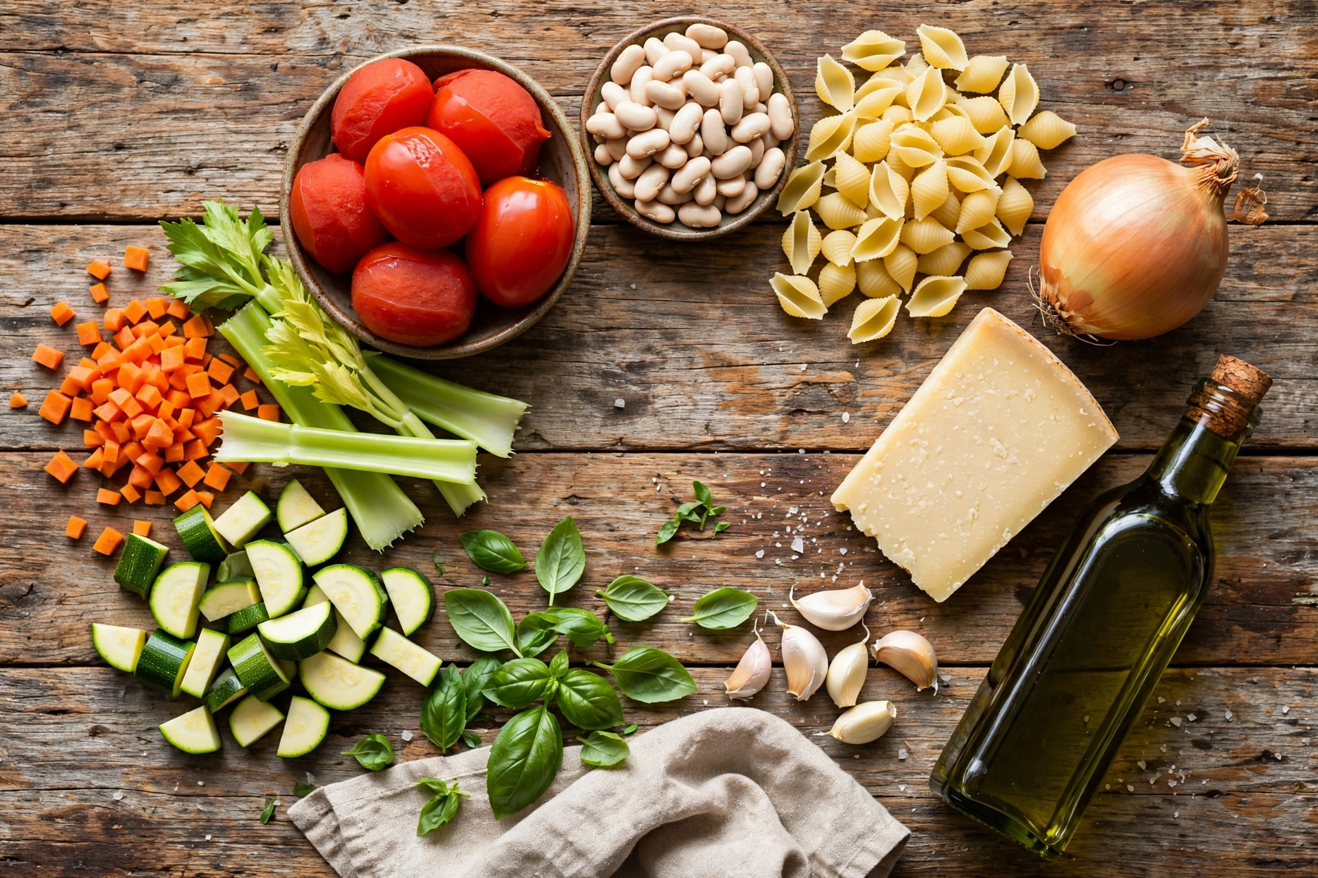 Ingrédients frais pour la soupe minestrone, recette italienne généreuse