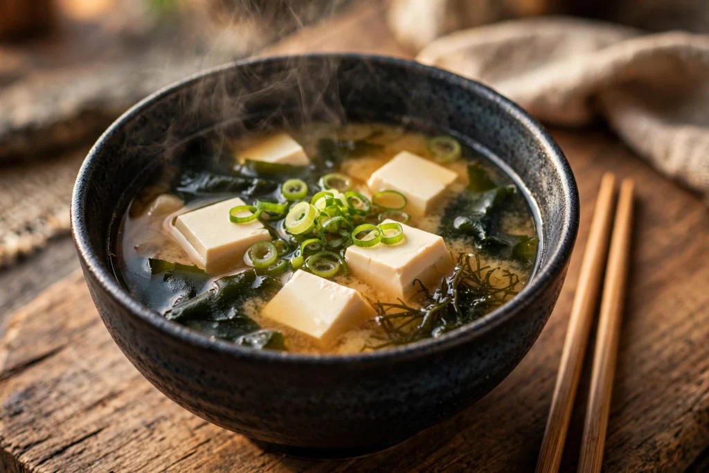 Bol de soupe miso recette japonaise au tofu et wakame