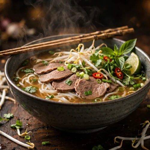 Bol fumant de la soupe pho recette vietnamienne aux herbes