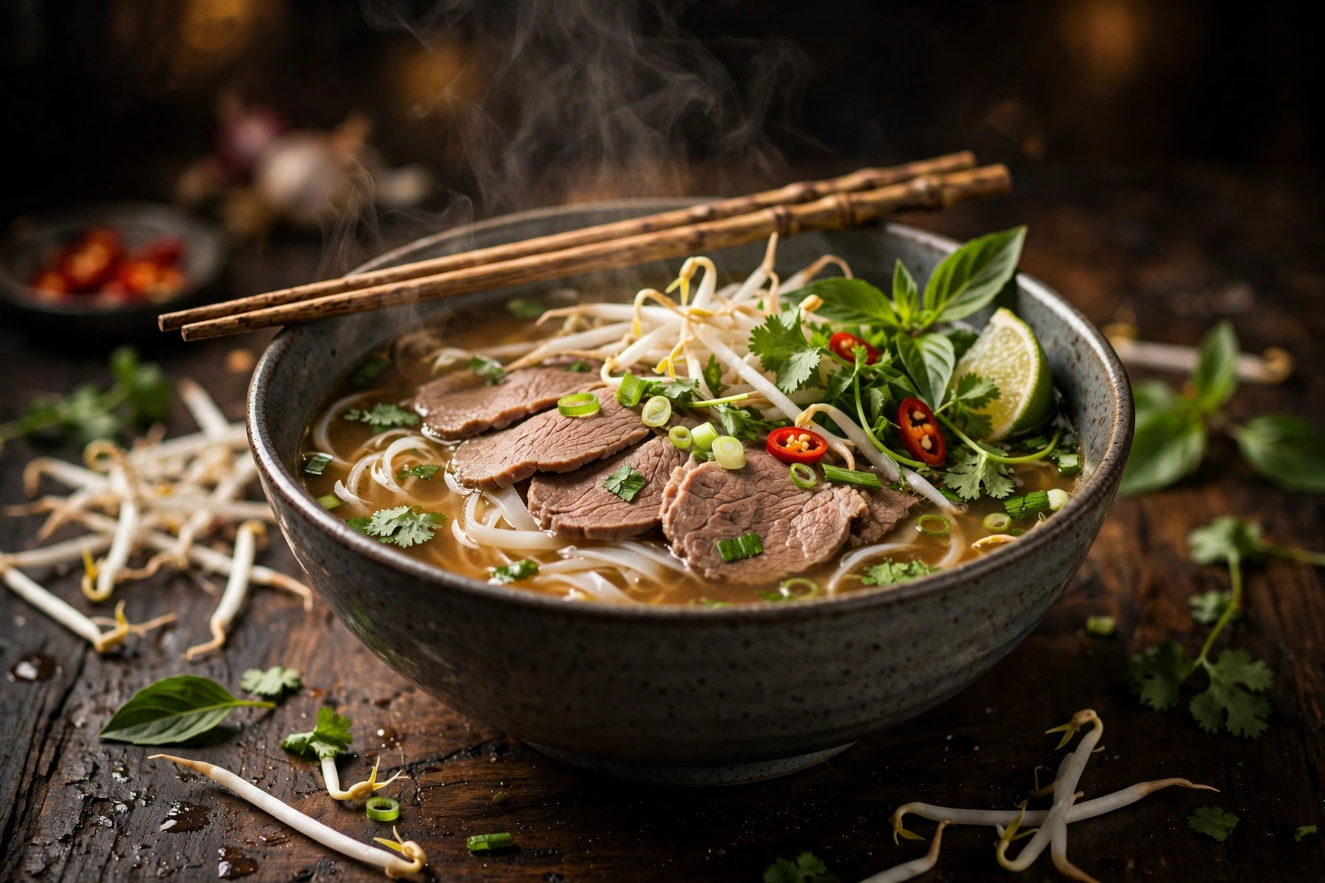 Bol fumant de la soupe pho recette vietnamienne aux herbes