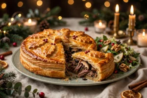 La tourte de noël au confit de canard dorée, décor de feuilletage en feuilles de houx