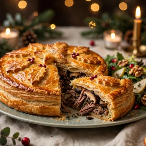 La tourte de noël au confit de canard dorée, décor de feuilletage en feuilles de houx