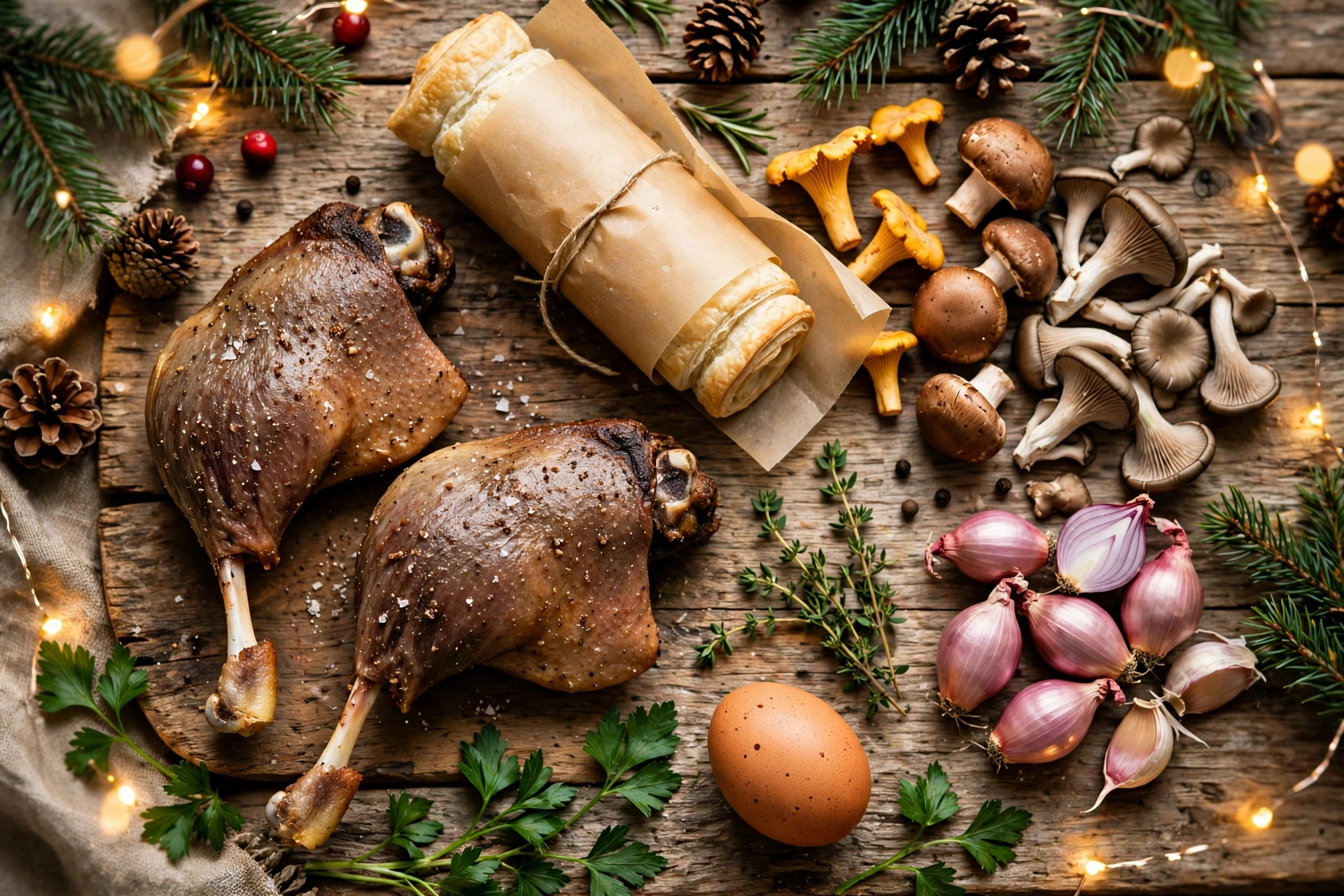 Ingrédients de la tourte de noël au confit de canard : pâte feuilletée, cuisses confites et champignons