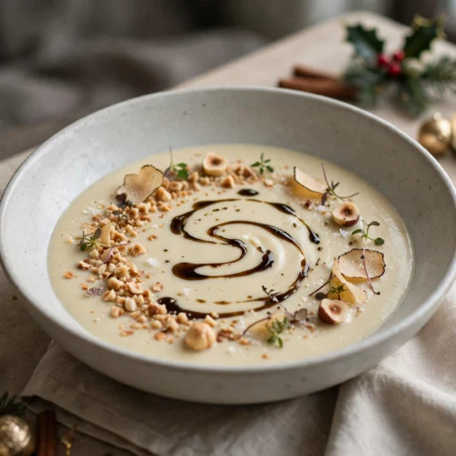 Velouté gastronomique noël au topinambour, noisettes torréfiées et huile de truffe