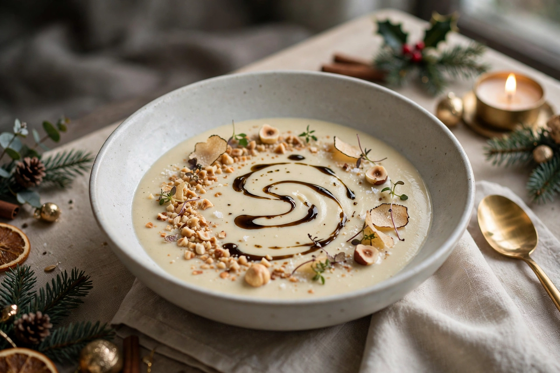 Velouté gastronomique noël au topinambour, noisettes torréfiées et huile de truffe