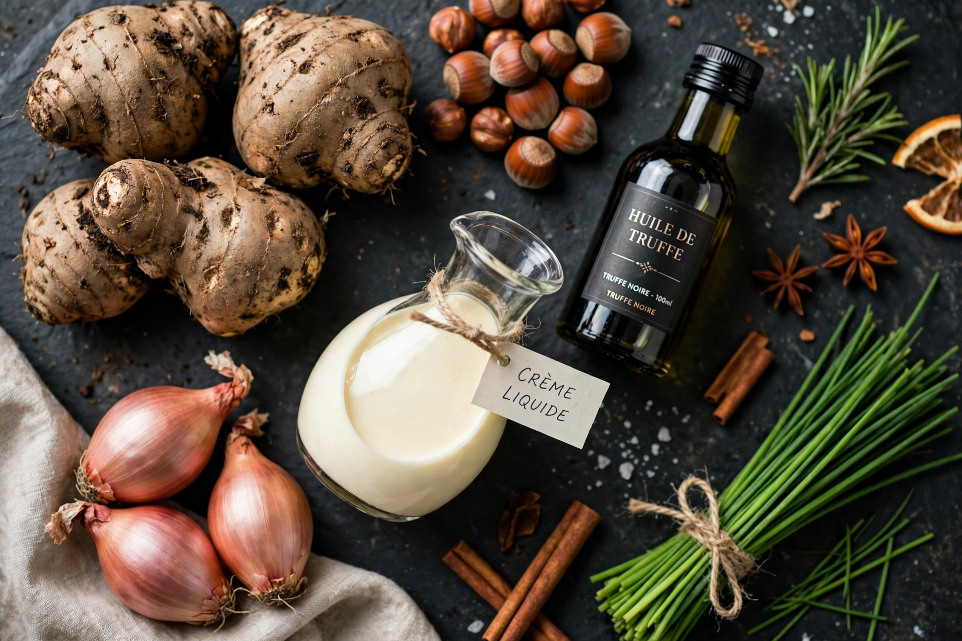 Ingrédients du velouté gastronomique noël : topinambours, noisettes et huile de truffe